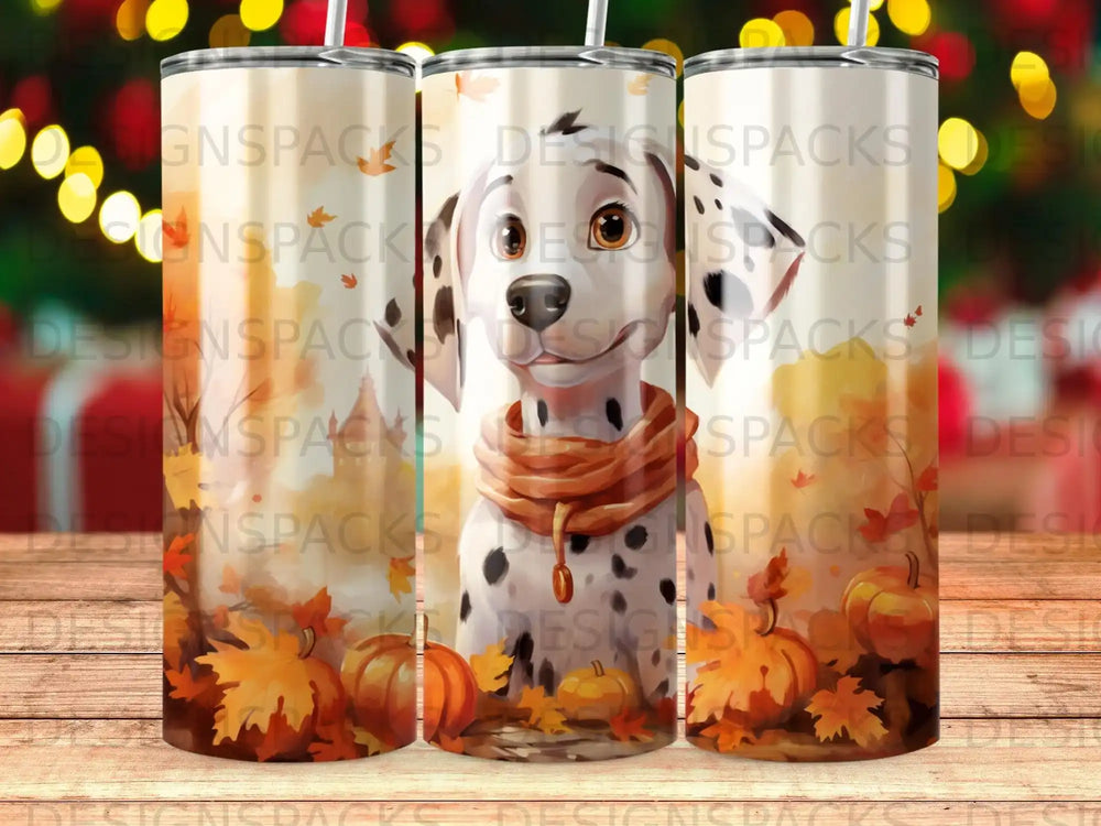 Dalmatian dog wearing a scarf with pumpkins and autumn leaves.