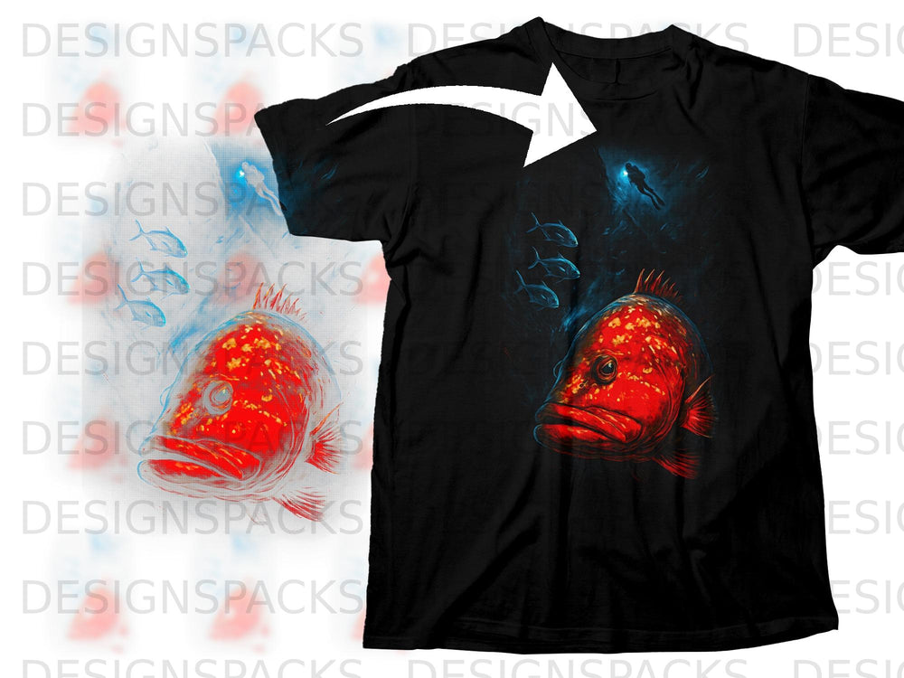 Black t-shirt with a red fish, diver, and small fish underwater scene.
