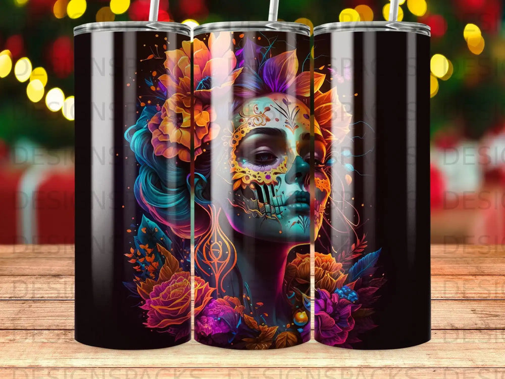 Day of the Dead woman's face adorned with flowers and gold filigree.