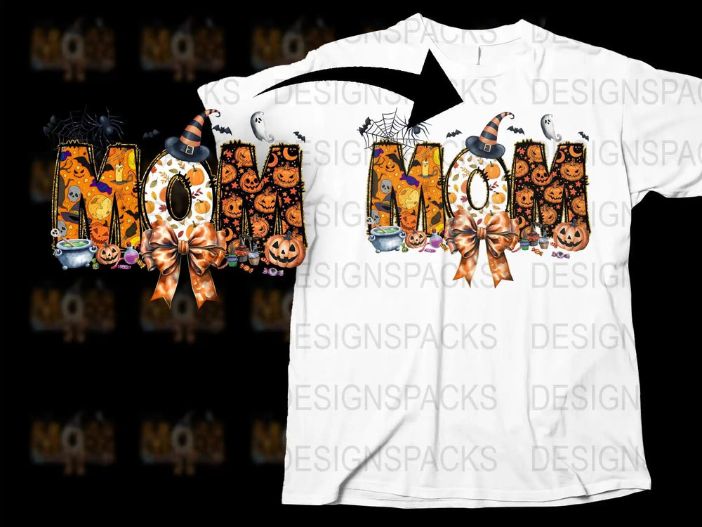 Halloween Mom T-Shirt, Spooky Pumpkin Bat Witch Hat Graphic Tee, Women's Fall Festival Autumn Holiday Shirt