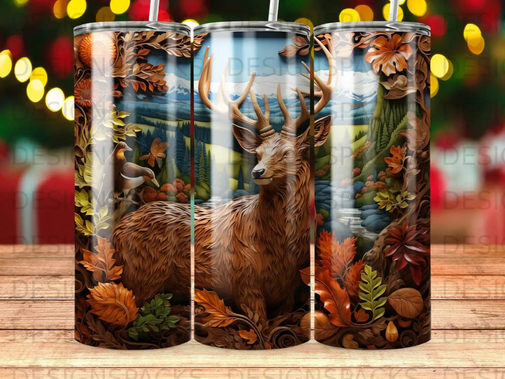 Deer in autumn forest with mountains and river, digital art.