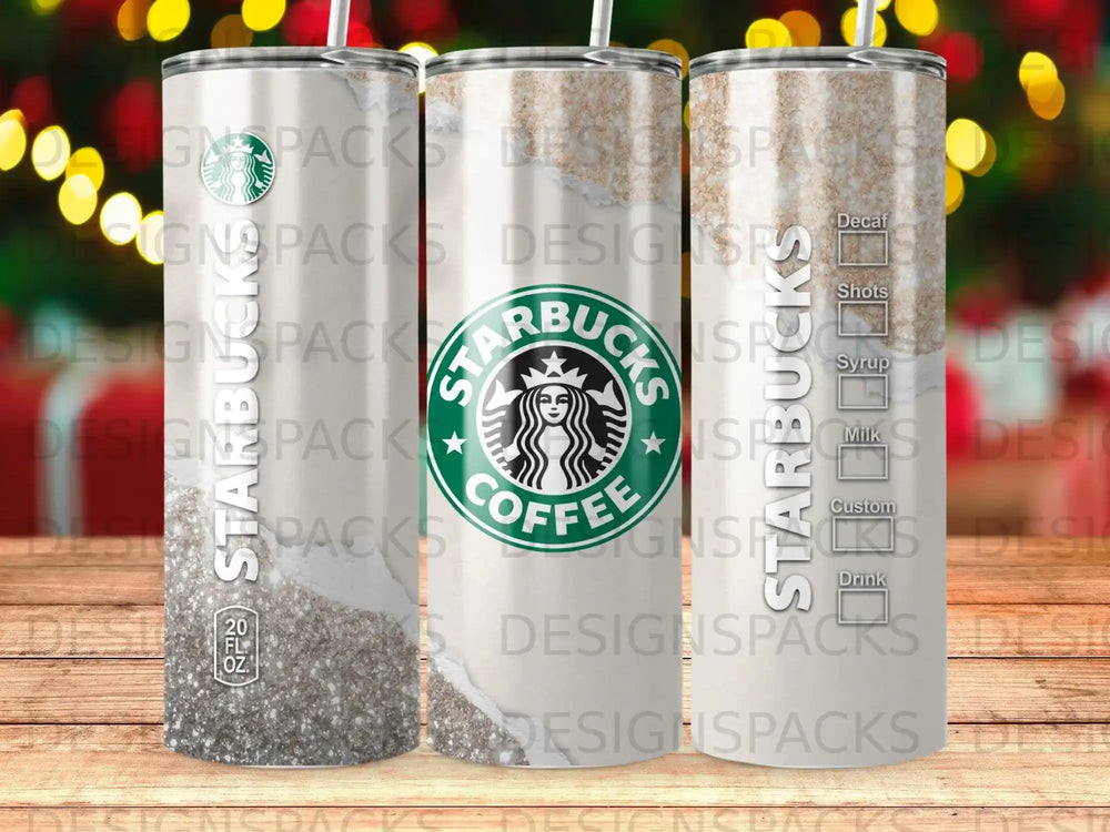 Starbucks tumbler with logo and coffee drink options: Decaf, Shots, Syrup, Custom, Drink.