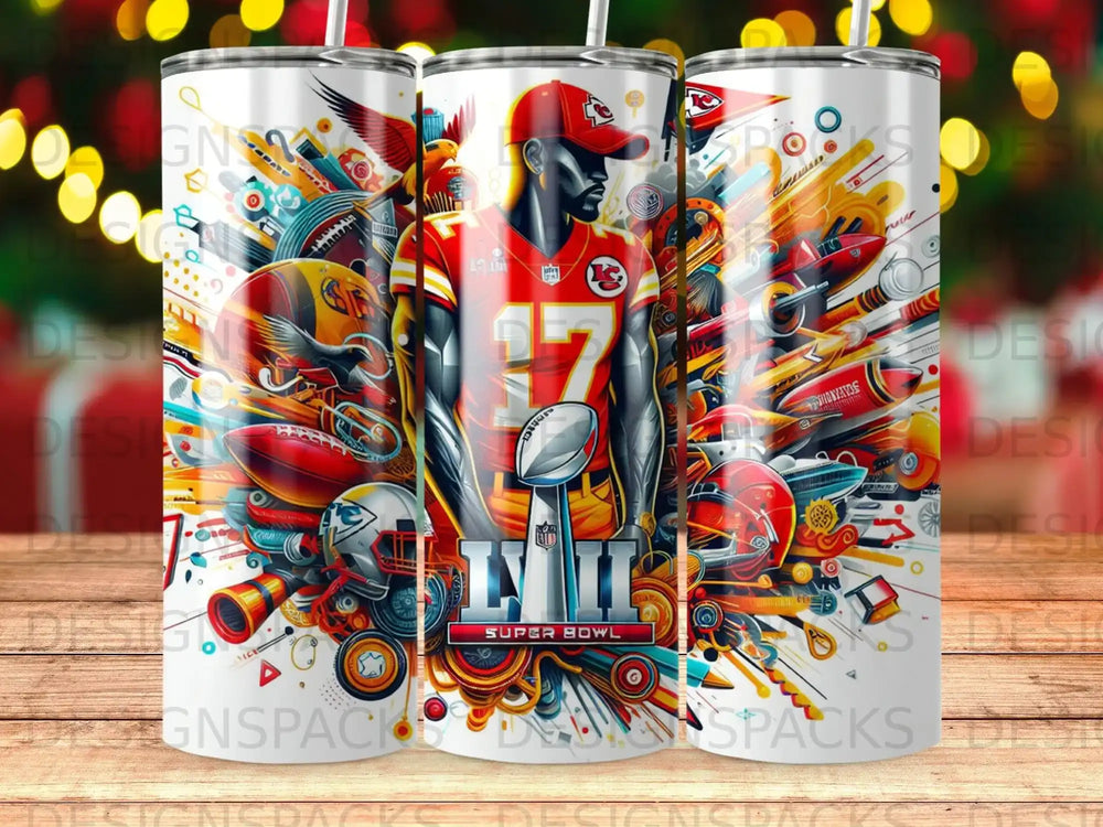 Kansas City Chiefs Super Bowl LVII graphic with football helmet and trophy.