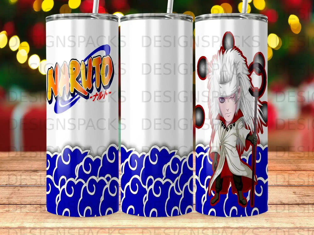 Naruto Uzumaki in Sage Mode on a white tumbler with blue cloud pattern.