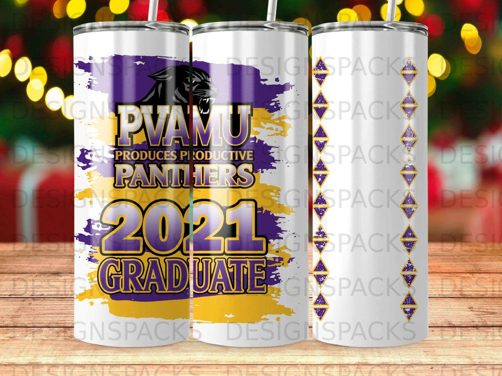 PVAMU Panthers 2021 Graduate tumbler with purple and gold design.