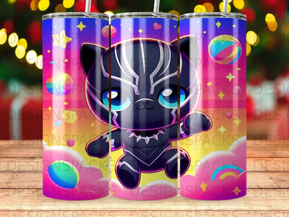 Cute Black Panther character with large blue eyes on a colorful background.