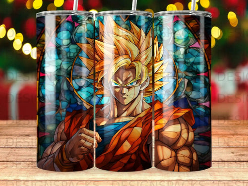 Goku from Dragon Ball Z depicted in stained glass style on a tumbler.