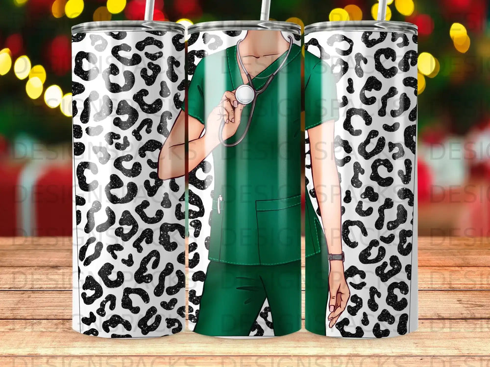 Nurse in green scrubs and stethoscope against leopard print background.