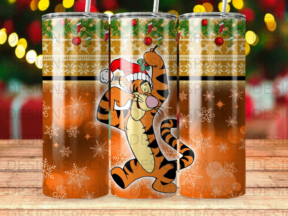Tigger wearing a Santa hat on a festive tumbler with holiday ornaments and lights.
