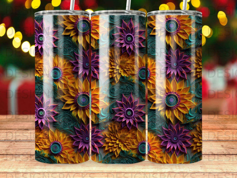 Sunflower and floral pattern tumbler with colorful bokeh background.
