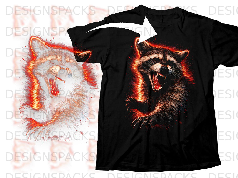 Black t-shirt featuring a snarling raccoon with glowing orange accents.