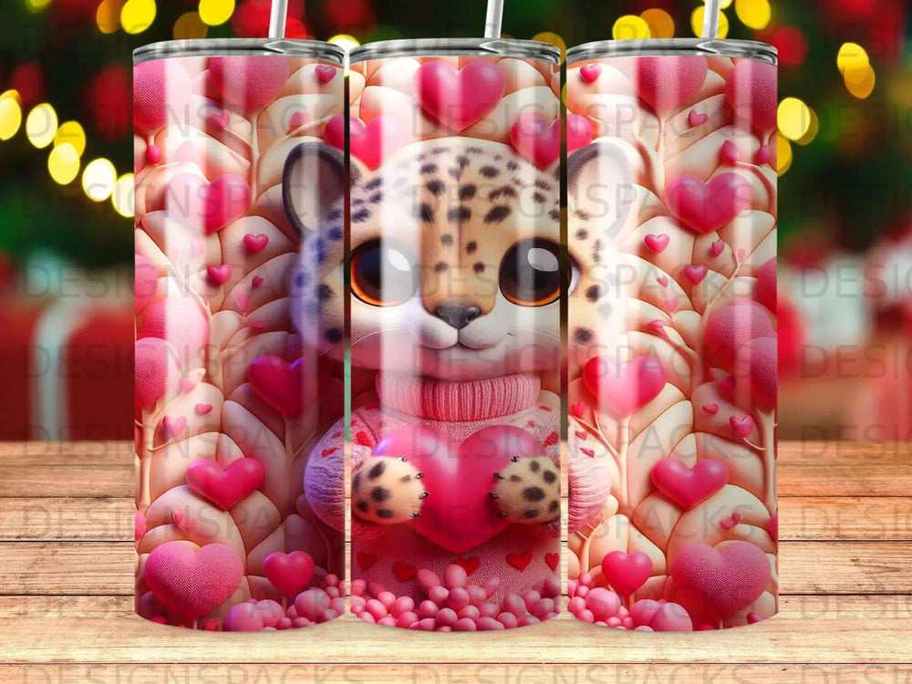 Leopard cub holding a heart, surrounded by pink hearts and bokeh lights.
