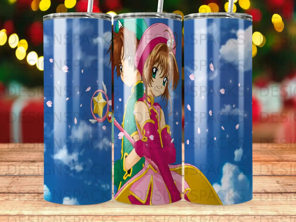 Anime characters Sakura and Syaoran on a blue patterned tumbler.