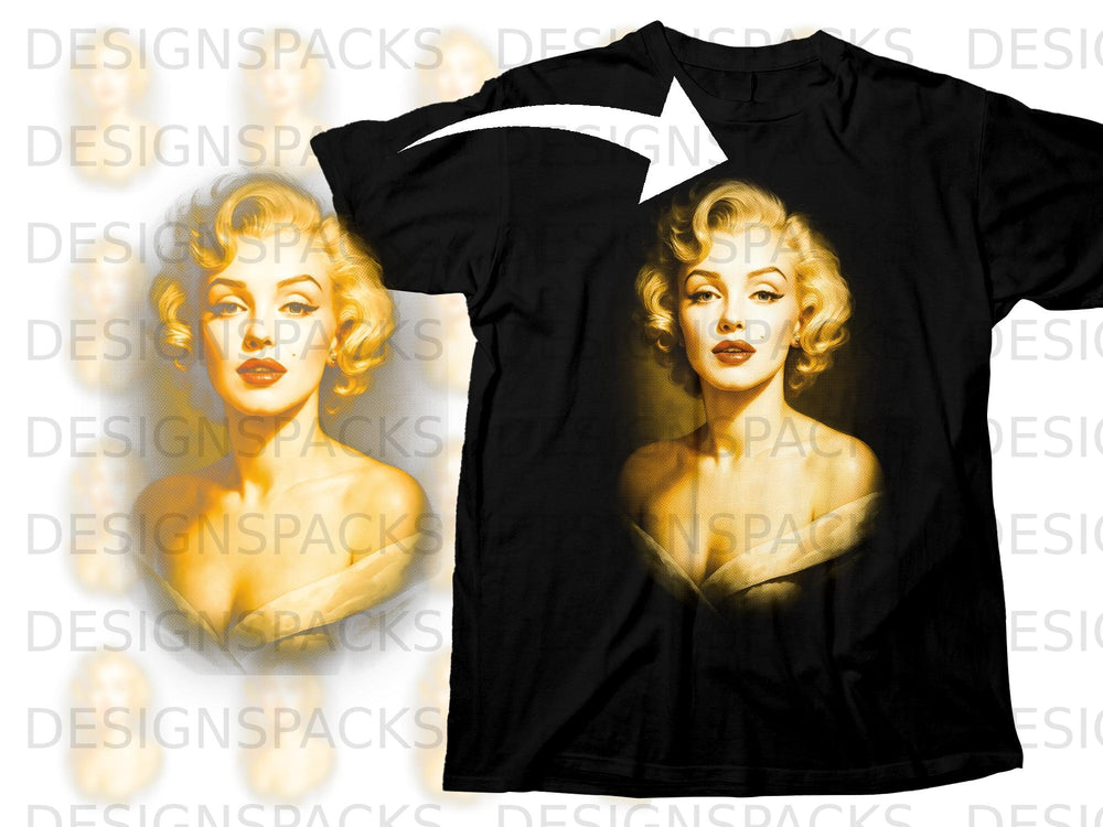 Black t-shirt with a golden portrait of Marilyn Monroe.