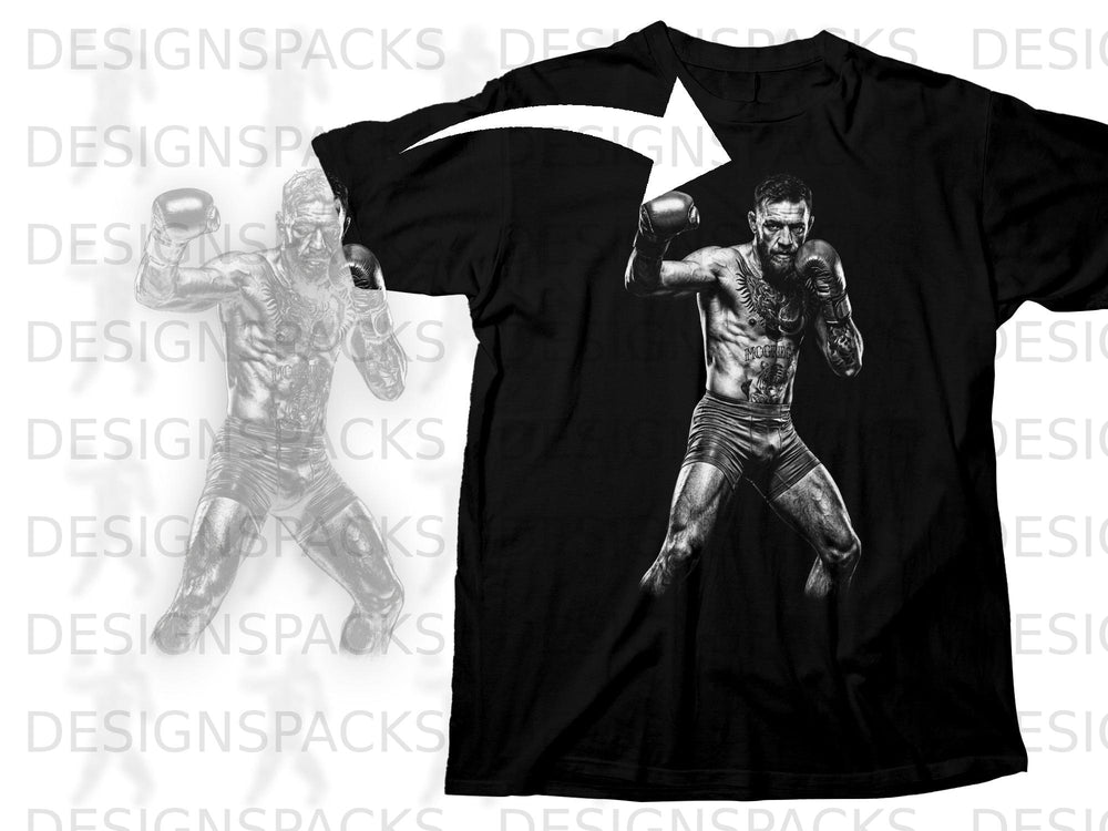Black t-shirt with a black and white graphic of a boxer in fighting stance.