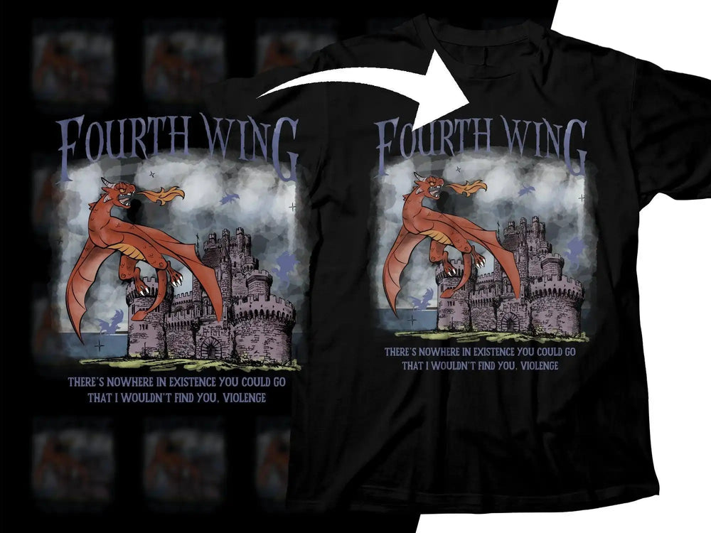 Dragon castle t-shirt design with 'Fourth Wing' text and fantasy artwork for print-ready PNG, SVG