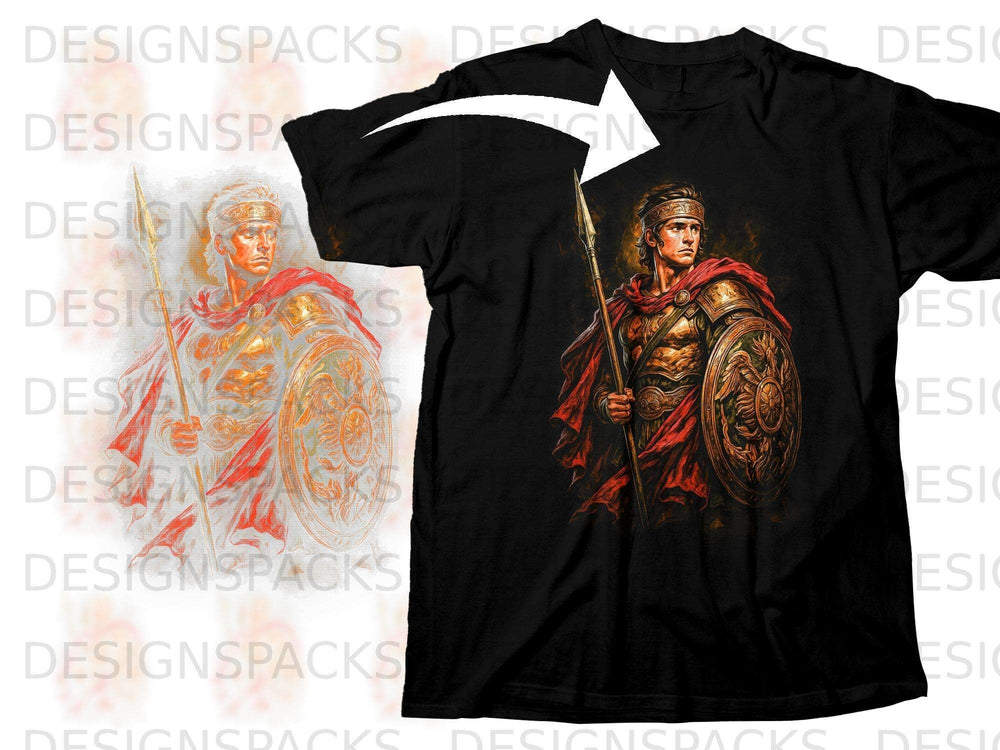 Black t-shirt with a warrior illustration holding a spear and shield.