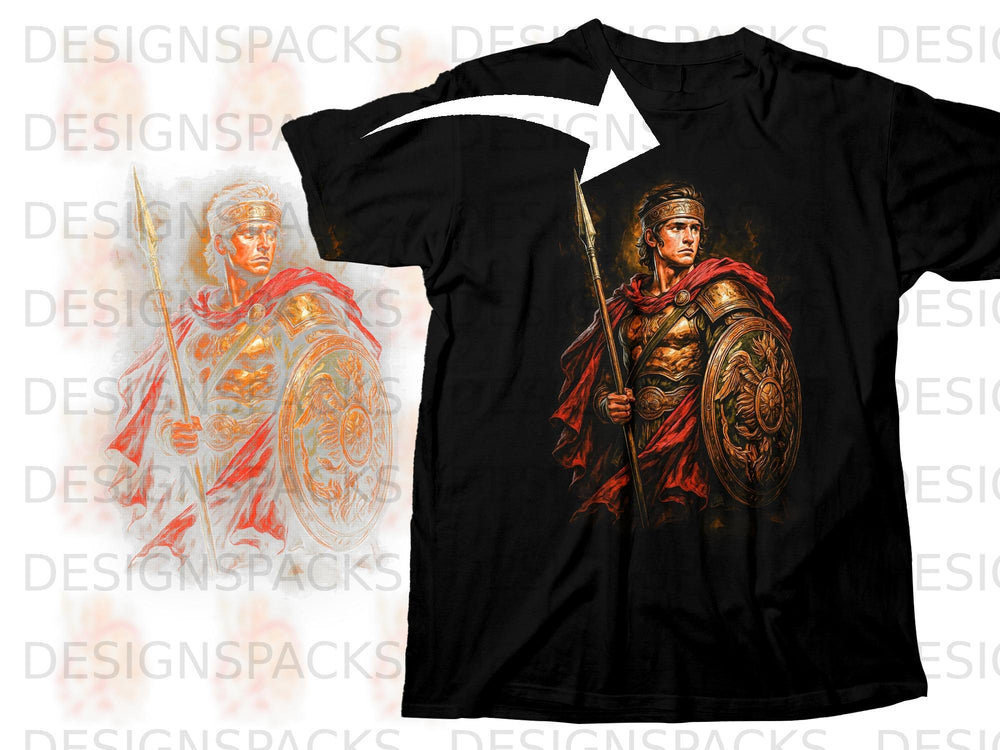 Black t-shirt with a warrior illustration holding a spear and shield.