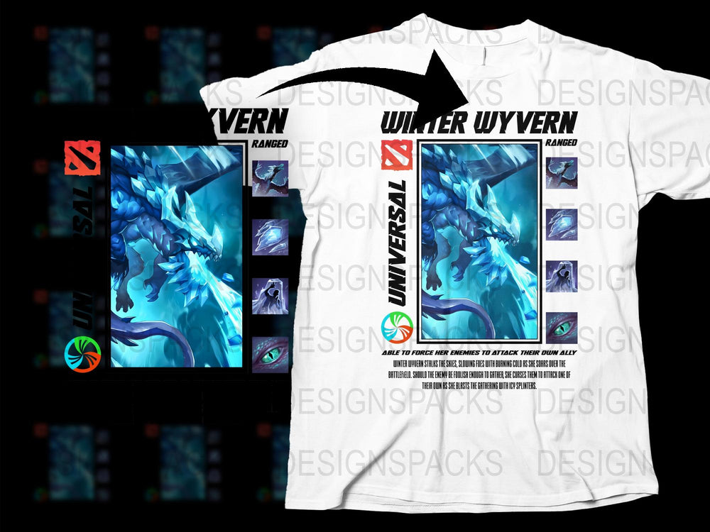 Winter Wyvern Graphic T-Shirt, Fantasy Ice Dragon Tee, Gamer Apparel, Unique Men's White Shirt