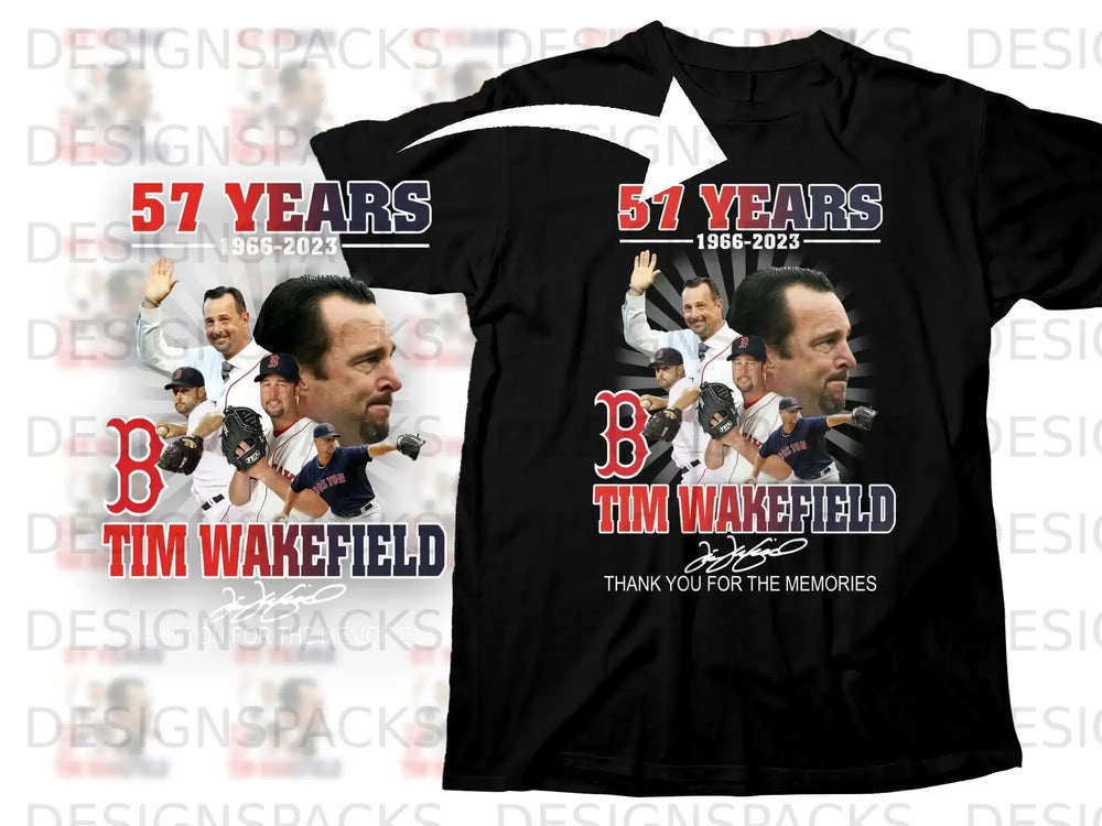 Black t-shirt honoring Tim Wakefield with his image and "57 Years" text.