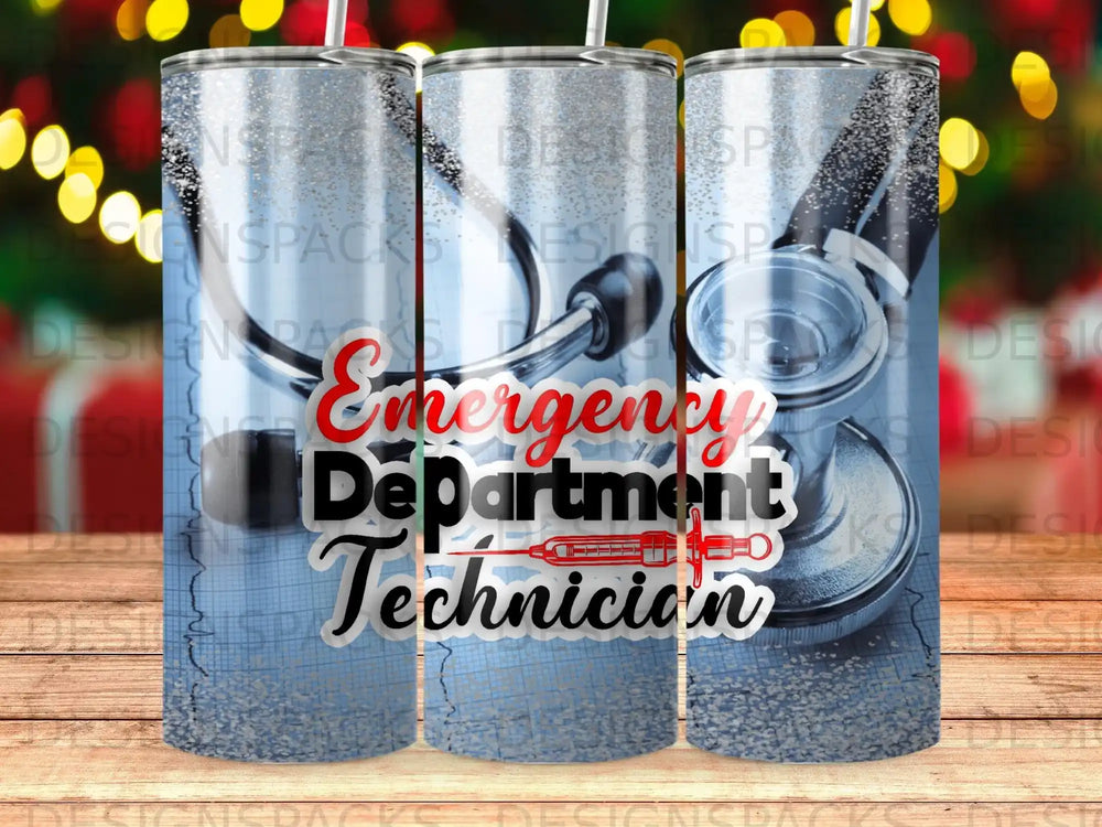 Blue tumbler with stethoscope and "Emergency Department Technician" text.