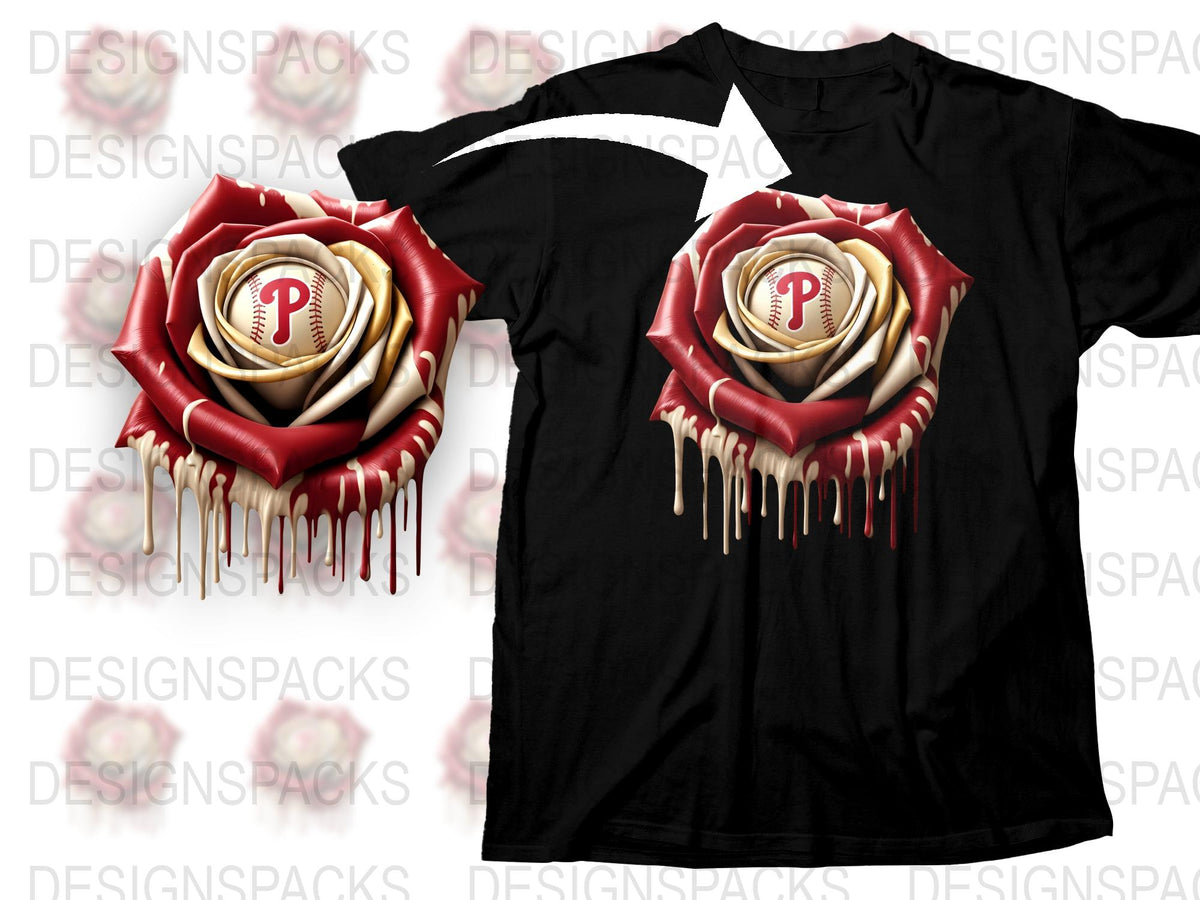 Unique Floral Philadelphia Baseball Team T-Shirt, Red Rose Dripping Art Design, Sports Fan Apparel, Unisex Black Tee