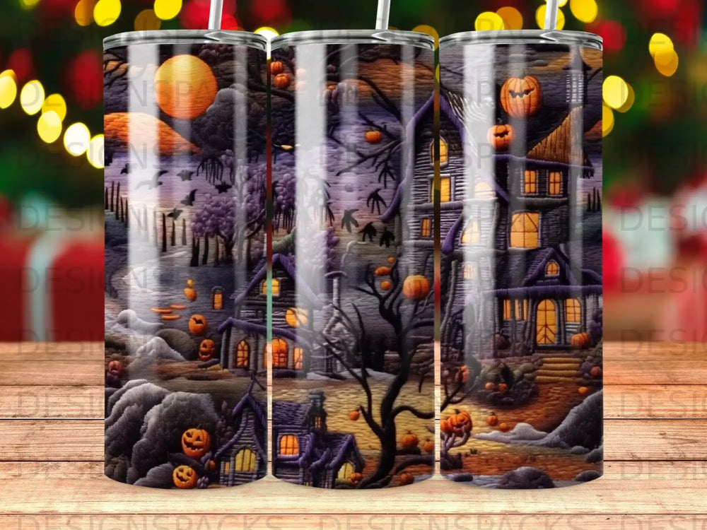Spooky Halloween scene with haunted houses, pumpkins, and a full moon.