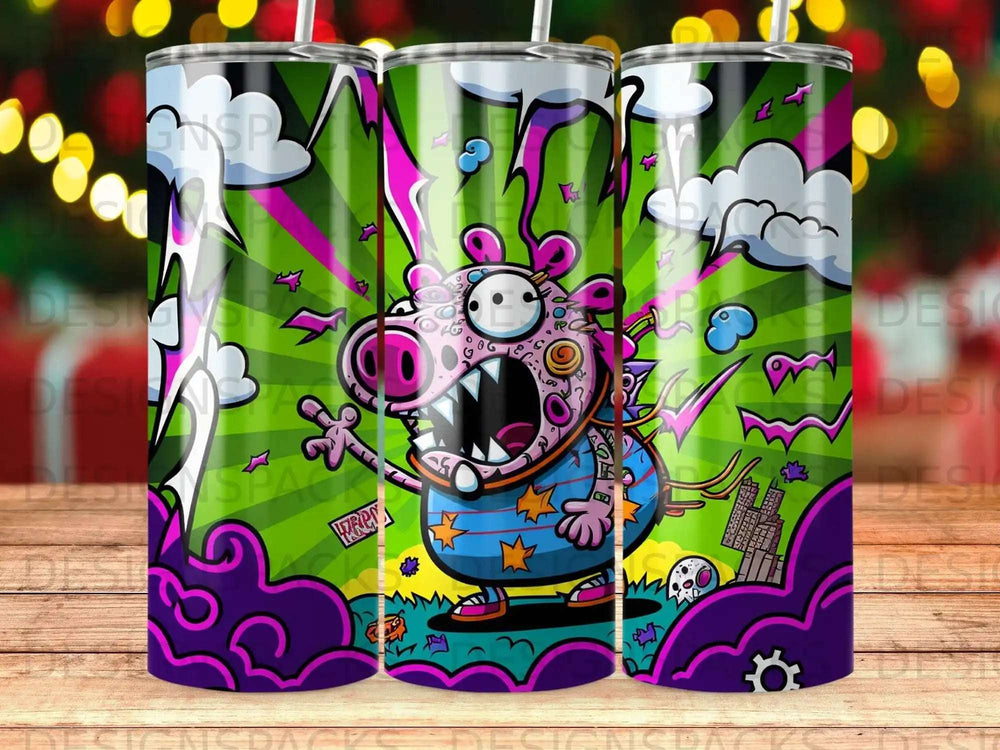Cartoon pig character in colorful space suit with speech bubble on skateboard.