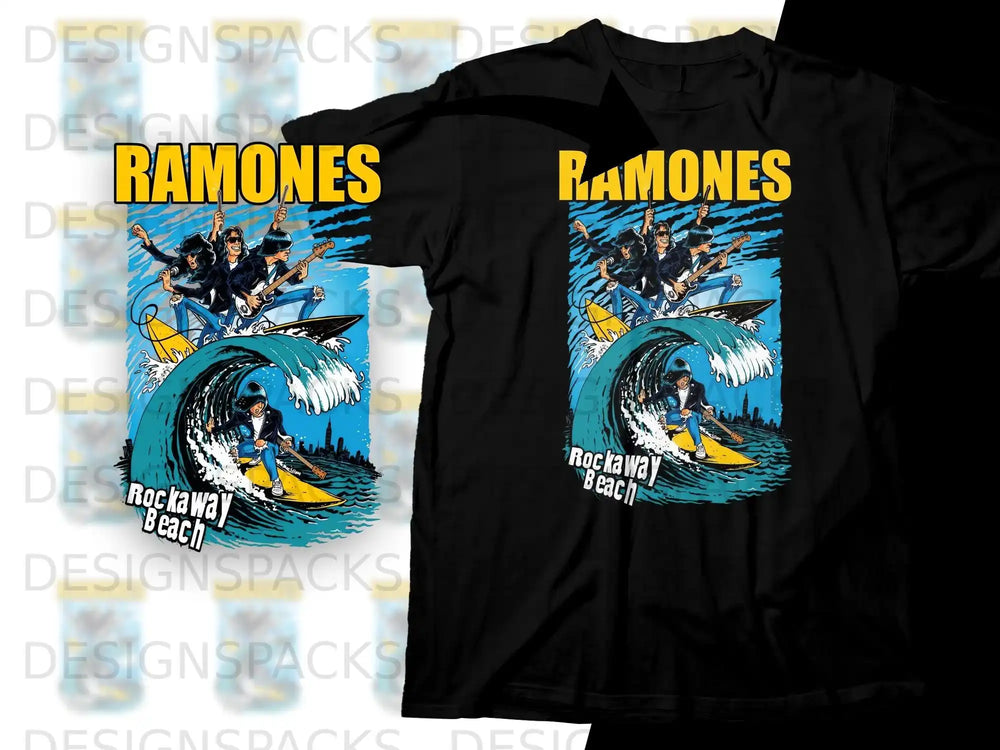 Ramones logo and cartoon band on surfboards riding a wave, with "Rockaway Beach" text.