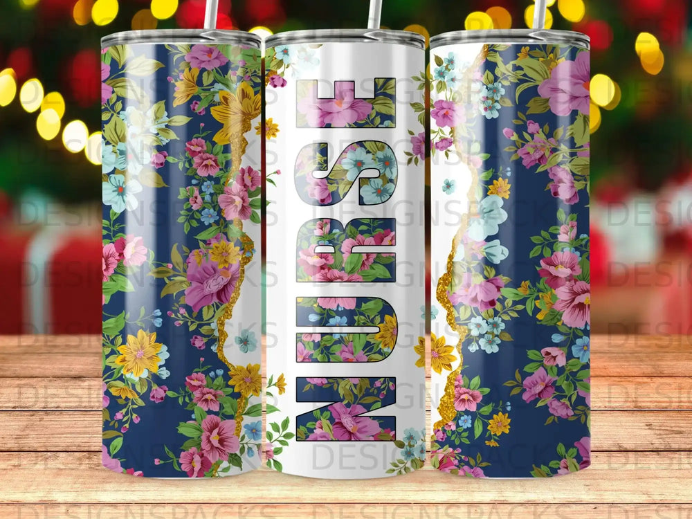 Navy blue tumbler with floral pattern and "NURSE" text.