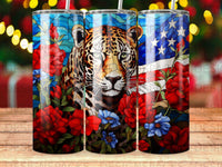 Load image into Gallery viewer, Leopard with American flag and red flowers on a tumbler.
