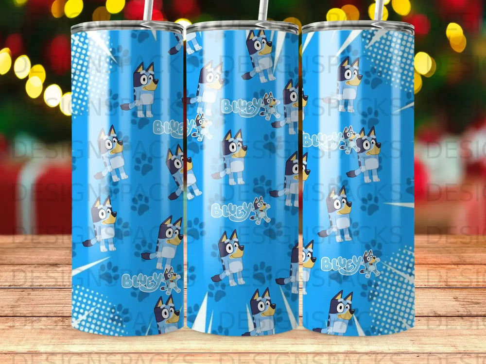 Bluey characters on a blue background with paw prints and polka dots.