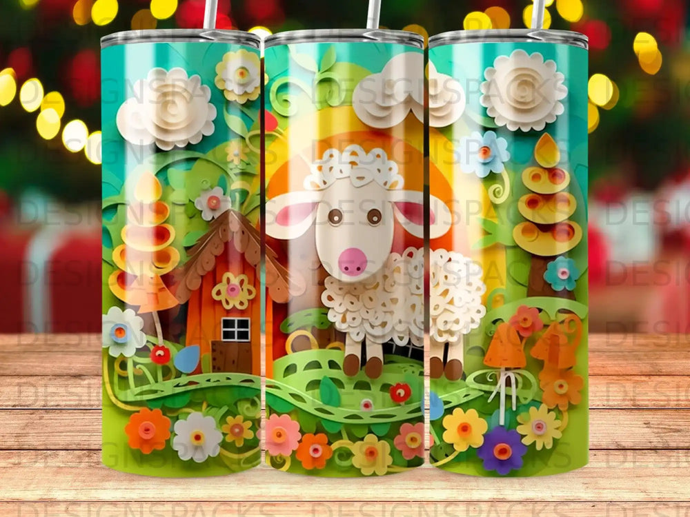 Felt sheep and colorful flowers on a tumbler with a whimsical background.