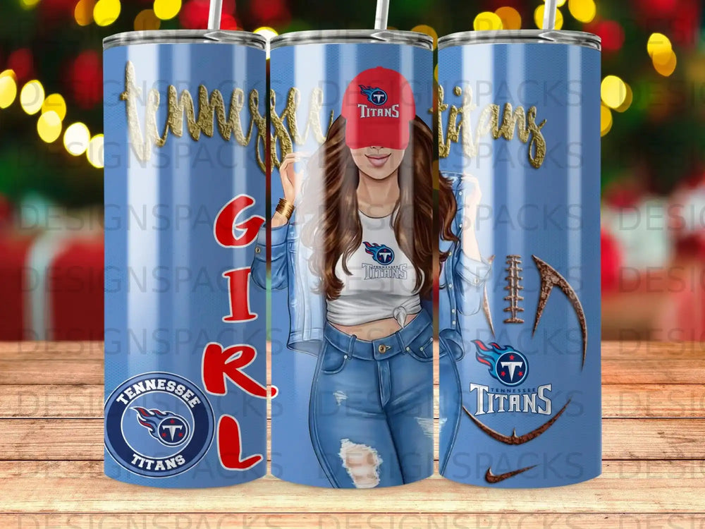 Tennessee Titans tumbler with female fan illustration and team logo.