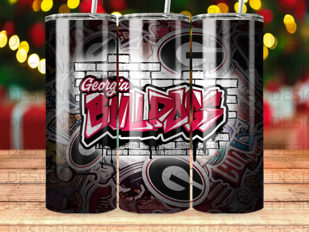 Georgia Bulldogs graffiti logo on a tumbler with sticker background.
