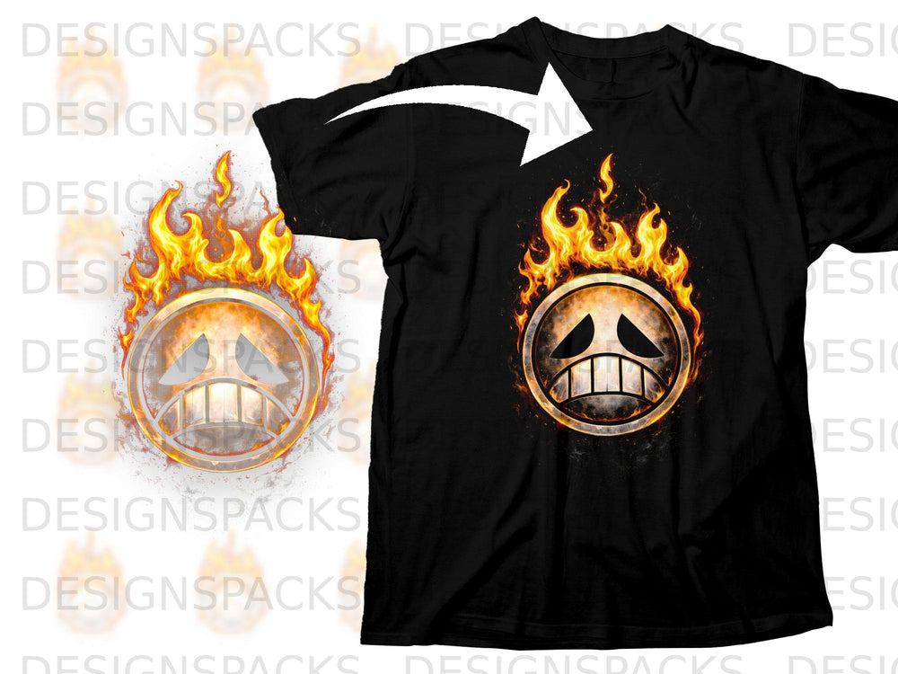 Black t-shirt featuring a flaming skull symbol with a distressed, metallic texture.