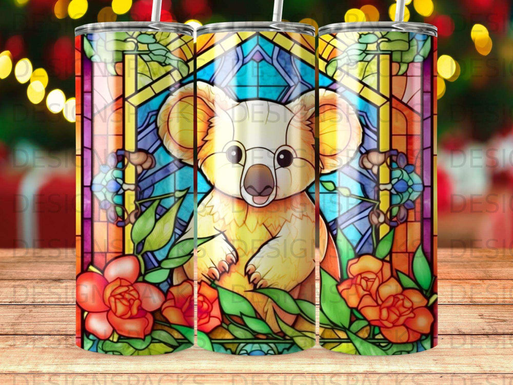 Stained glass style tumbler with koala and red flowers.