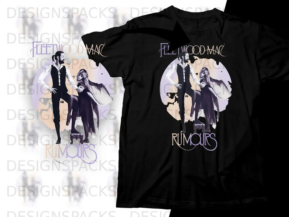 Fleetwood Mac Rumours album cover art on black t-shirts.
