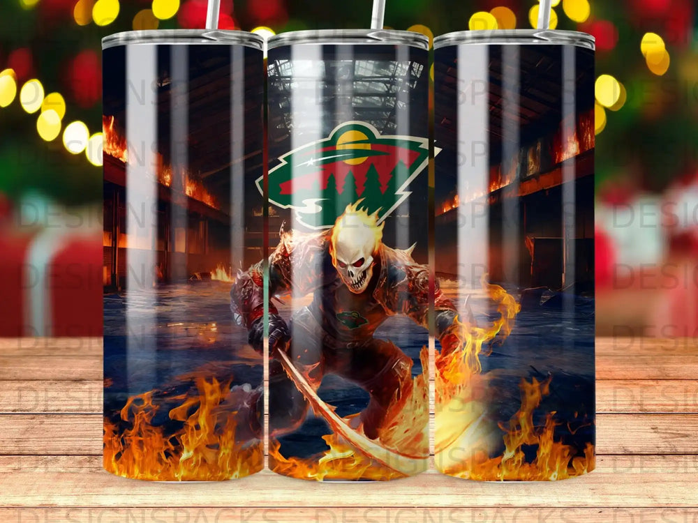 Minnesota Wild ghost rider with flaming scythe in arena