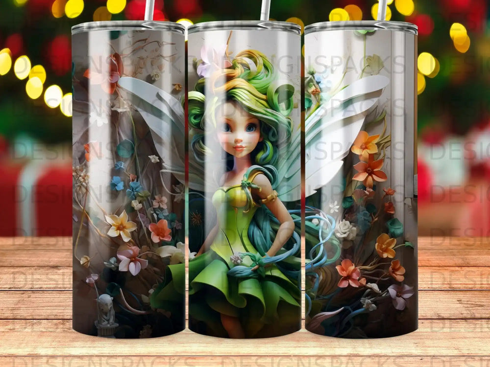 Fairy girl with green hair and iridescent wings surrounded by flowers.