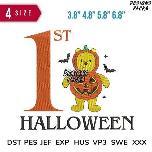 1st Halloween embroidery design with pumpkin bear, 4 sizes, DST PES JEF formats for instant download