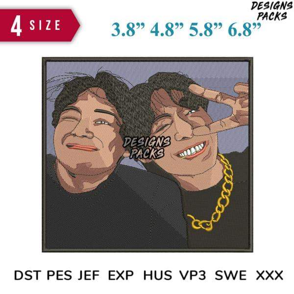 Embroidery design of two smiling men, one with gold chain, in 4 sizes. Print-ready DST PES JEF formats.