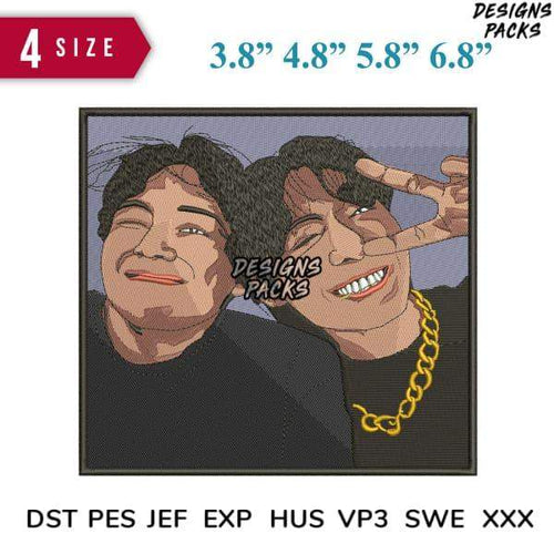 Embroidery design of two smiling men, one with gold chain, in 4 sizes. Print-ready DST PES JEF formats.