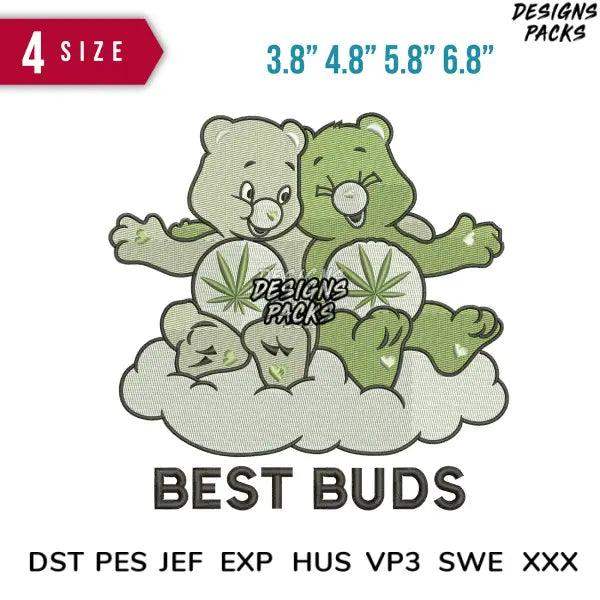 Best Buds Care Bears embroidery design with cannabis leaf details, 4 sizes, DST PES JEF formats