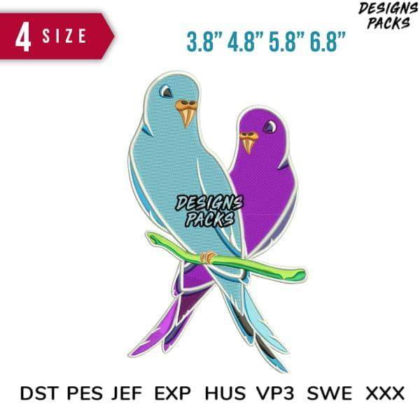 Two colorful parakeets on branch, embroidery design in 4 sizes, PES DST JEF formats