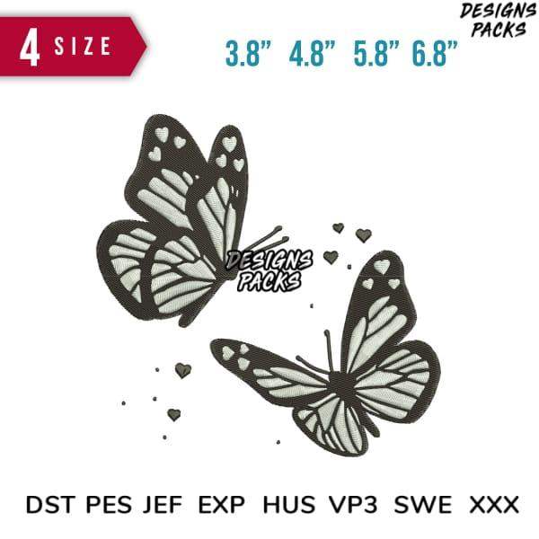 Butterfly embroidery design with heart accents, available in multiple sizes and formats