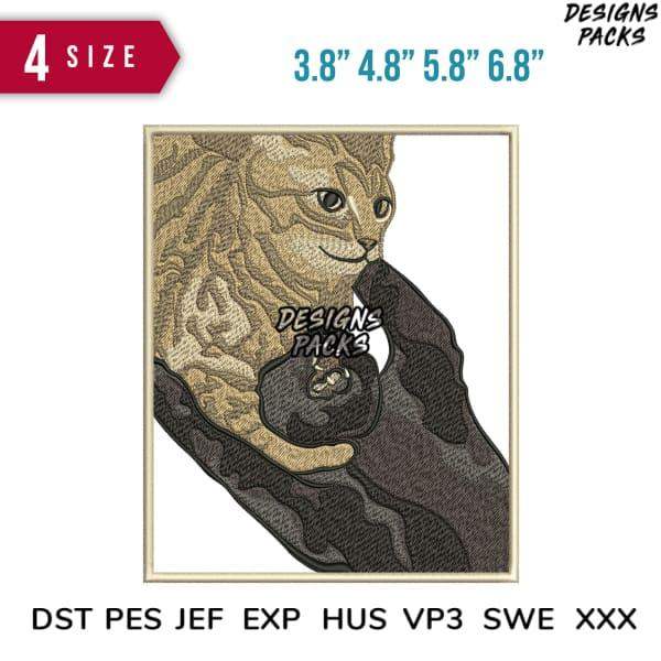 Embroidery design of smiling cat holding black object, available in 4 sizes & multiple formats