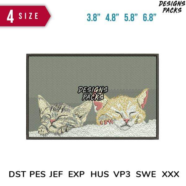 Cute sleeping kittens embroidery design in multiple sizes, print-ready formats