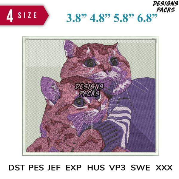 Embroidery design of two purple cats in 4 sizes, compatible with DST PES JEF formats