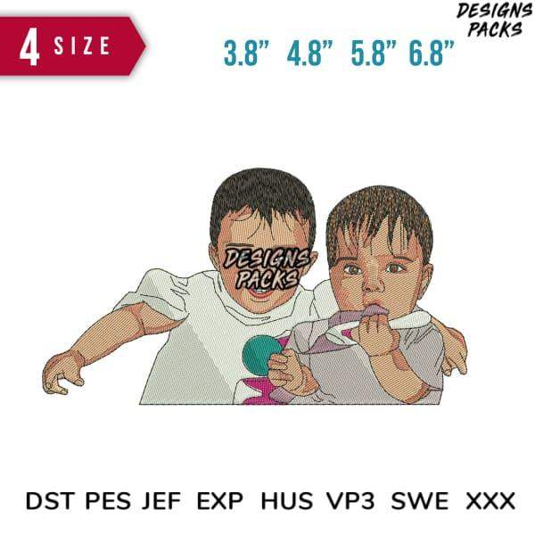 Embroidery design of two kids hugging, available in 4 sizes and multiple formats like PES, DST, JEF for instant download.